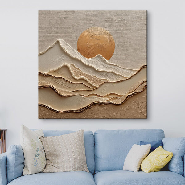 Painting of mountains and sun