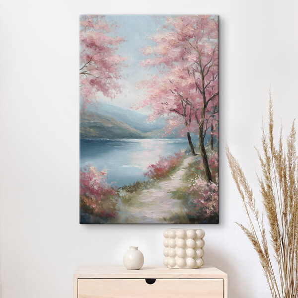 Painting of a lake with pink trees and mountains Painting of a lake with pink trees and mountains