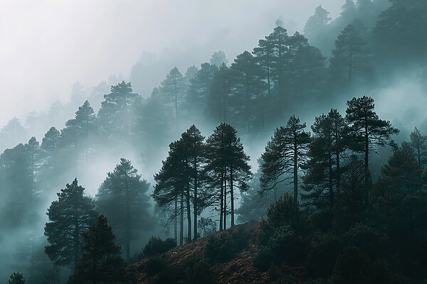 Foggy forest with trees