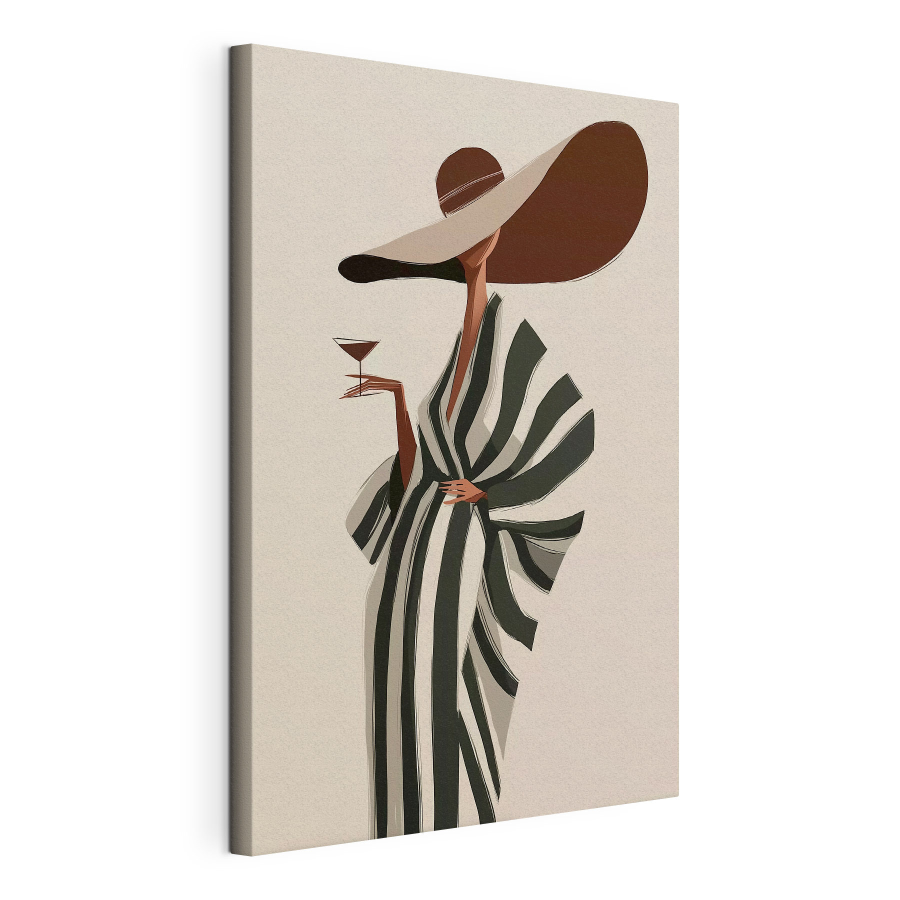 Woman wearing a hat and a large hat holding a glass of wine
