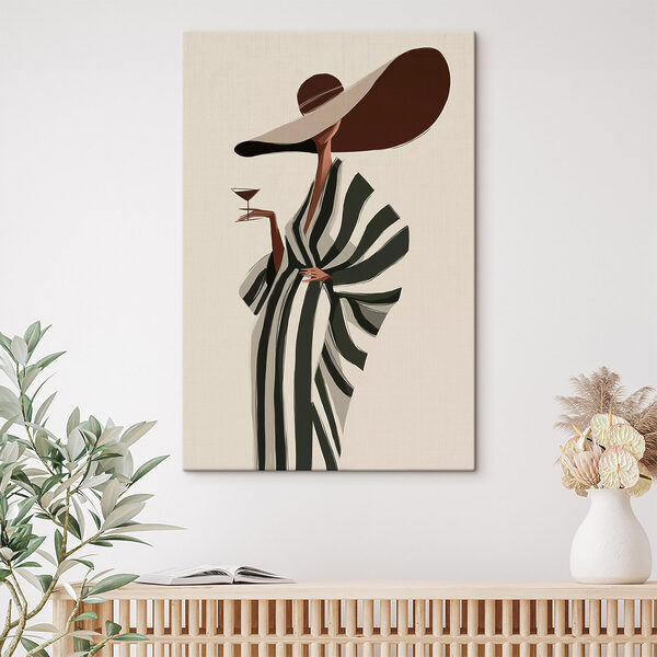 Woman wearing a hat and a large hat holding a glass of wine