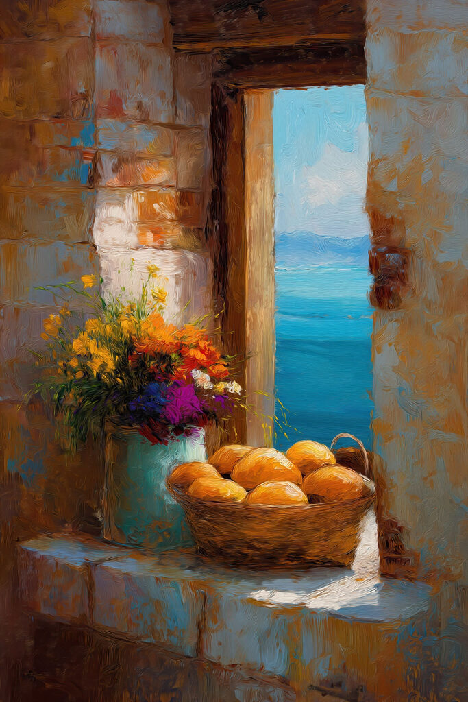 Basket of flowers and a vase of bread
