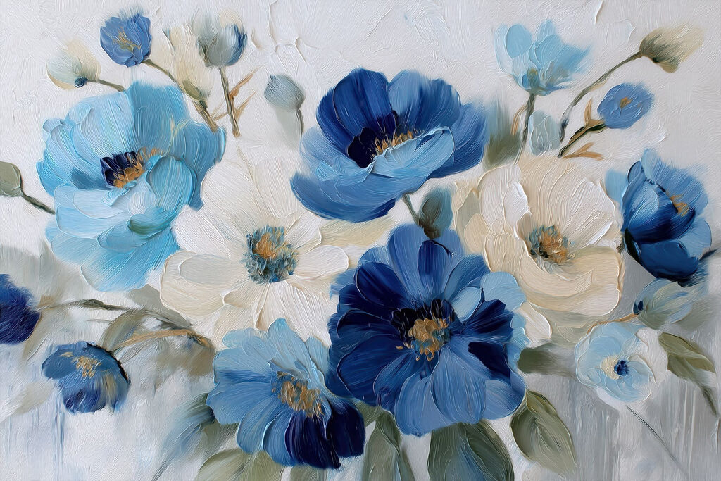 Painting of blue and white flowers