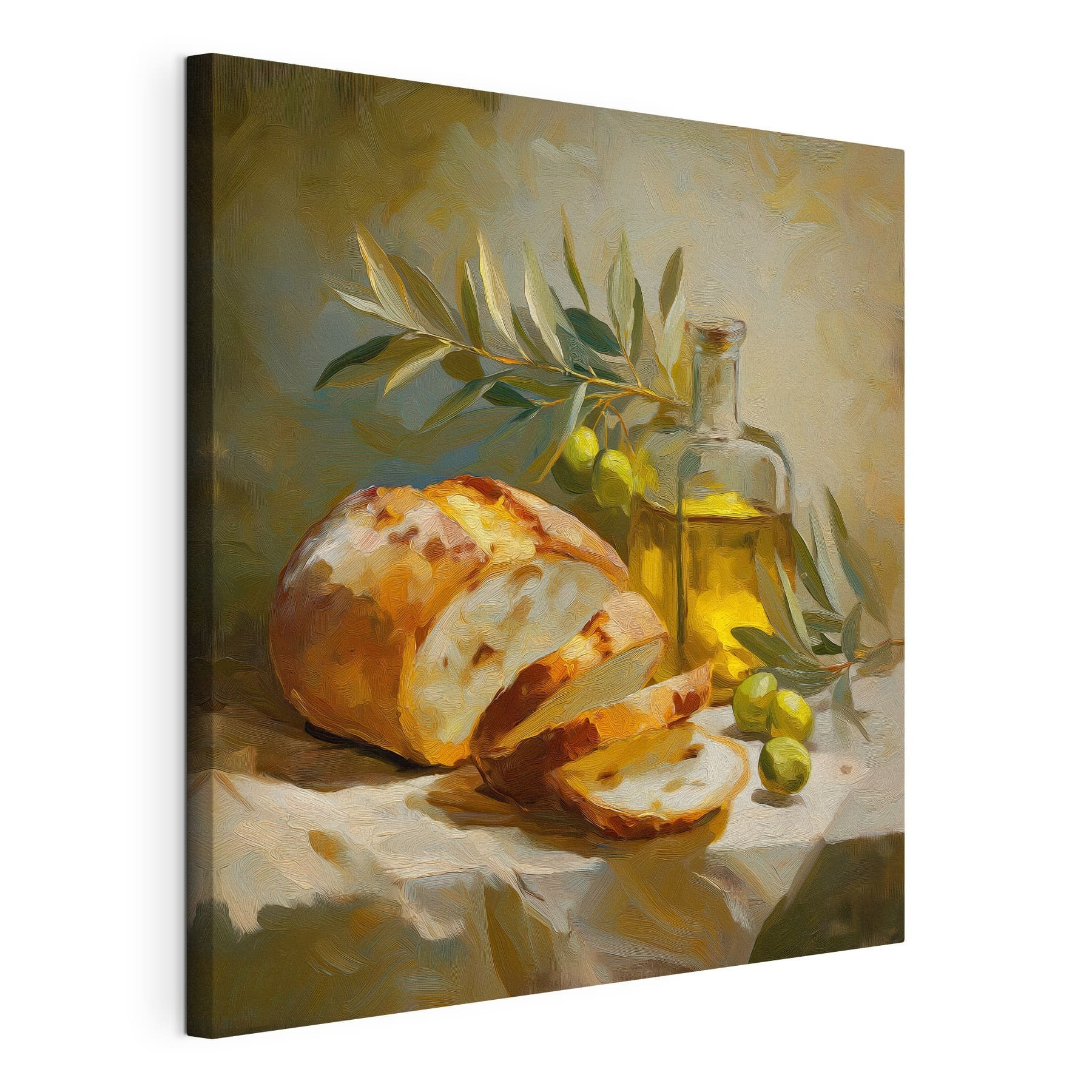 Painting of a still life with a loaf of bread and olives Painting of a still life with a loaf of bread and olives