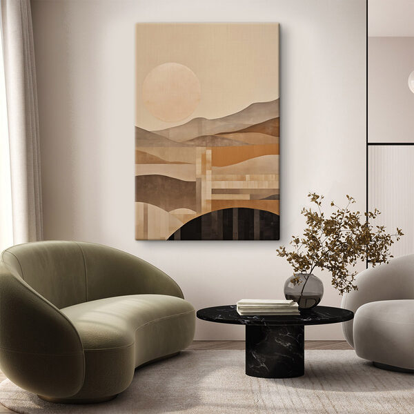 Painting of a landscape with a sun and mountains