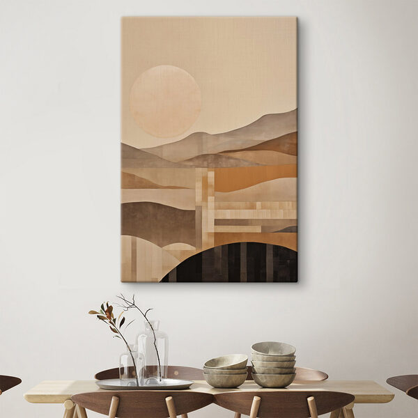 Painting of a landscape with a sun and mountains
