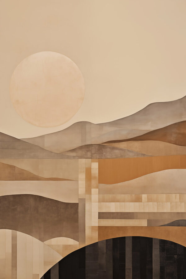 Painting of a landscape with a sun and mountains