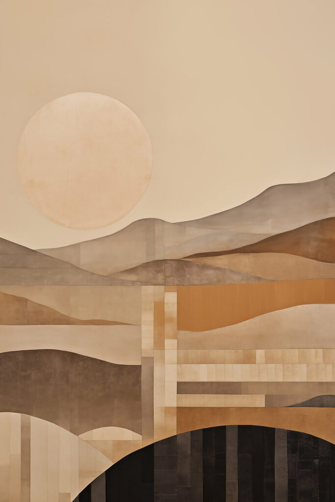Painting of a landscape with a sun and mountains
