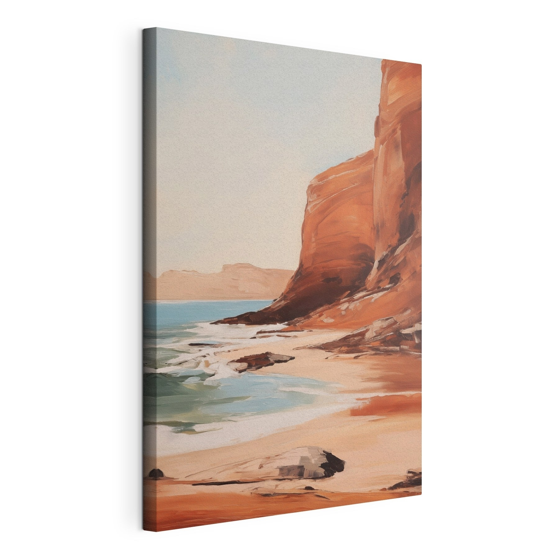 Painting of a beach and cliffs