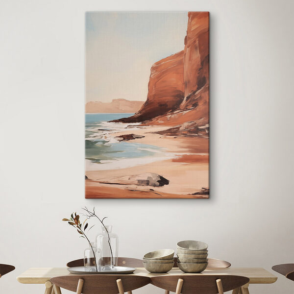 Painting of a beach and cliffs