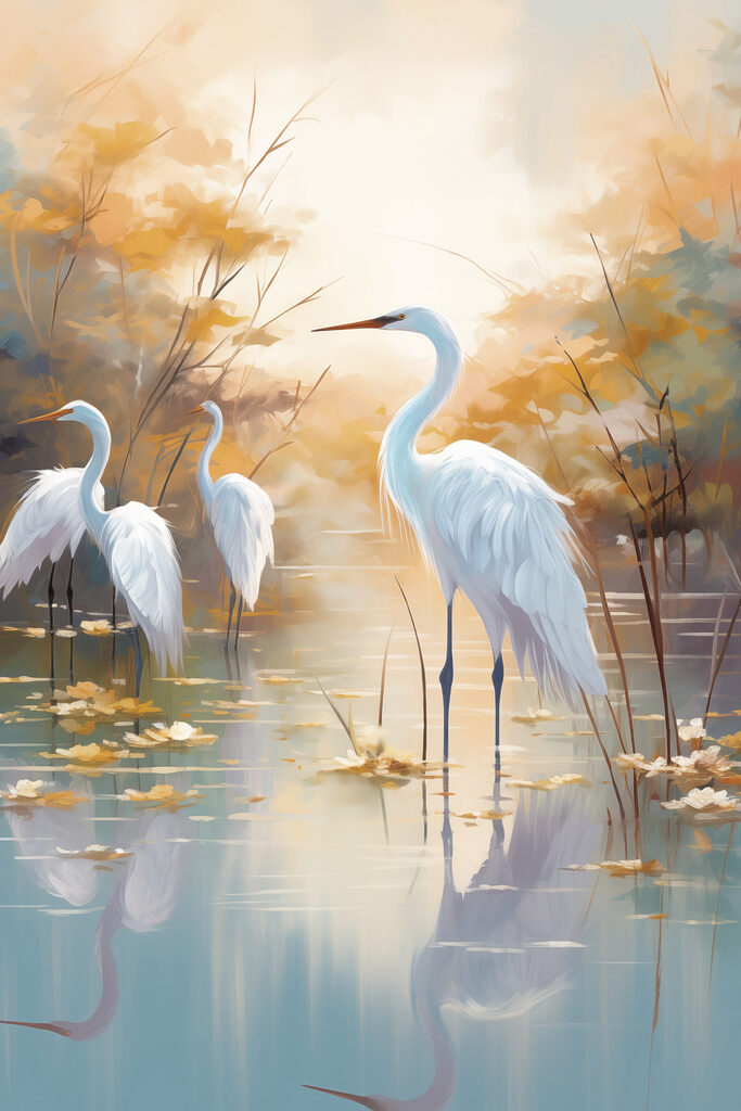 Group of white birds in a pond