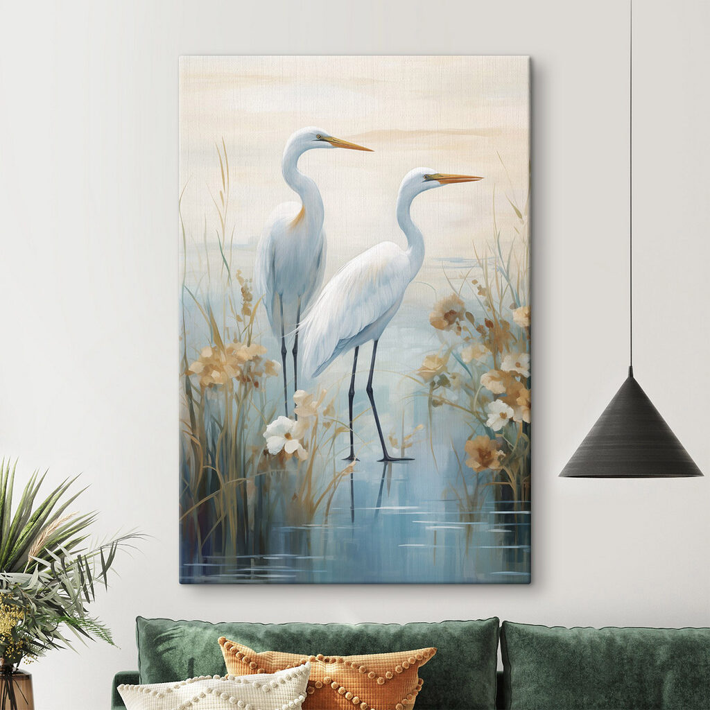 Painting of birds standing in water