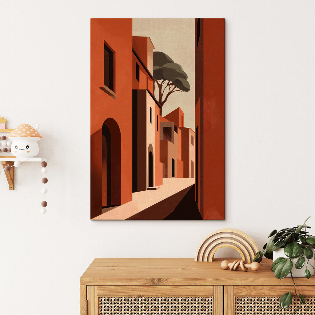 Painting of a street with buildings and trees Painting of a street with buildings and trees