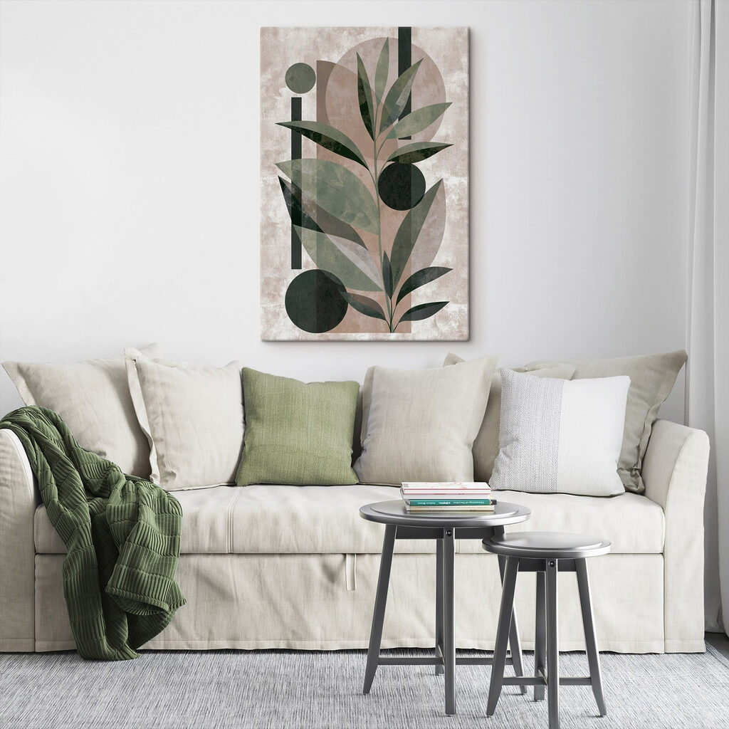 Painting of a plant with leaves and geometric shapes Painting of a plant with leaves and geometric shapes