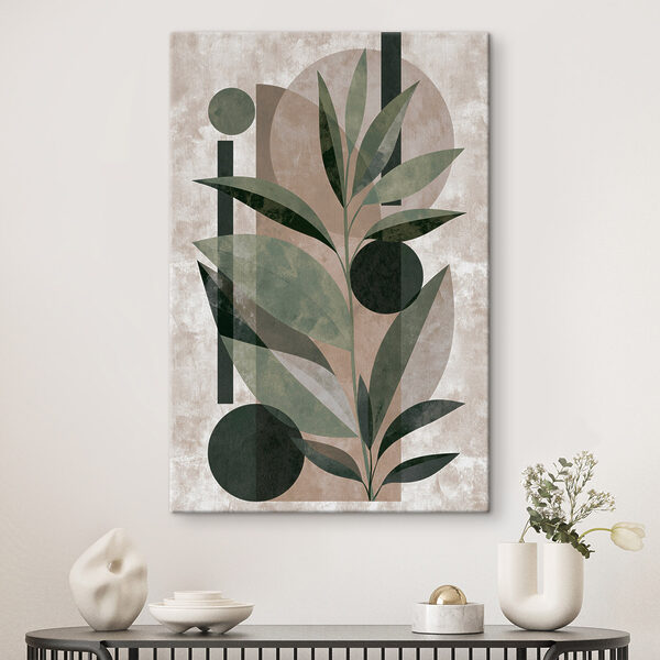 Painting of a plant with leaves and geometric shapes Painting of a plant with leaves and geometric shapes