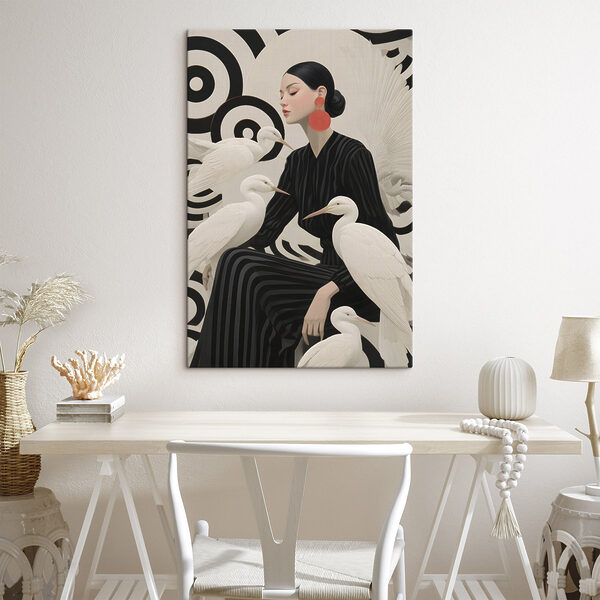 Woman sitting with white birds