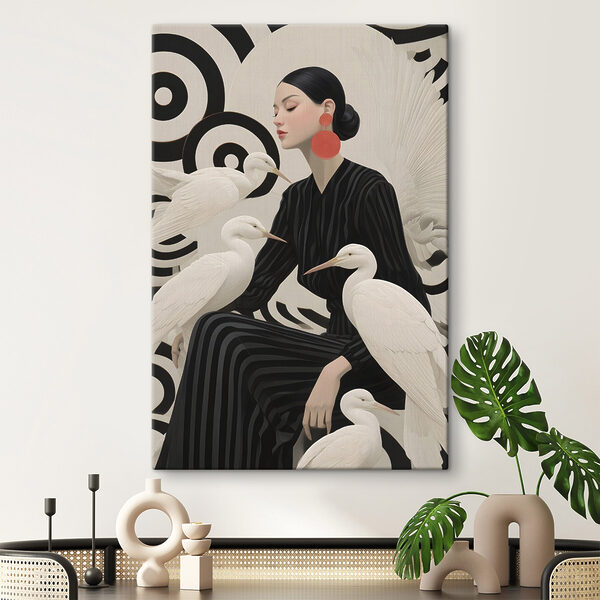 Woman sitting with white birds