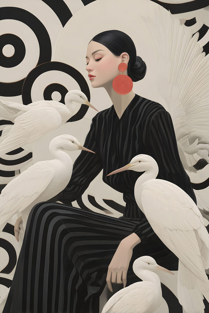 Woman sitting with white birds