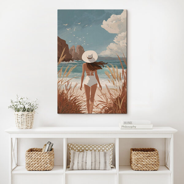 Woman in a swimsuit and hat walking on a beach Woman in a swimsuit and hat walking on a beach
