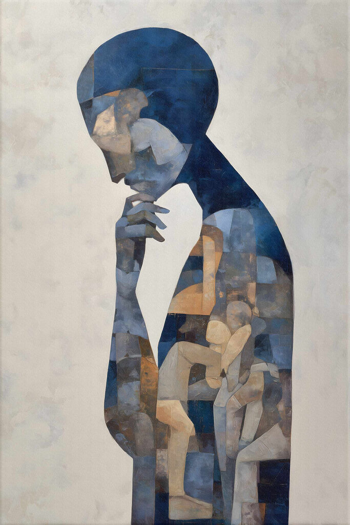 Painting of a woman with a blue head Painting of a woman with a blue head