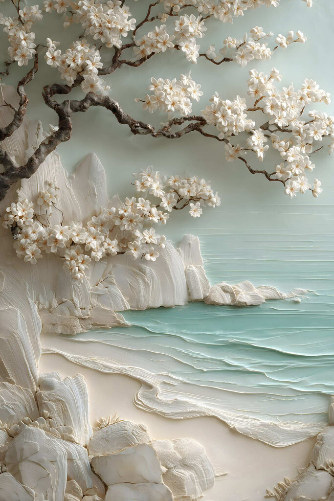 Painting of a beach with white flowers and a tree Painting of a beach with white flowers and a tree