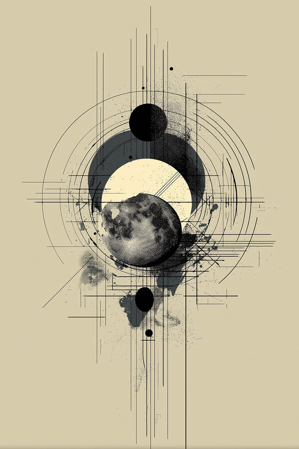 Black and white drawing of a moon and circles