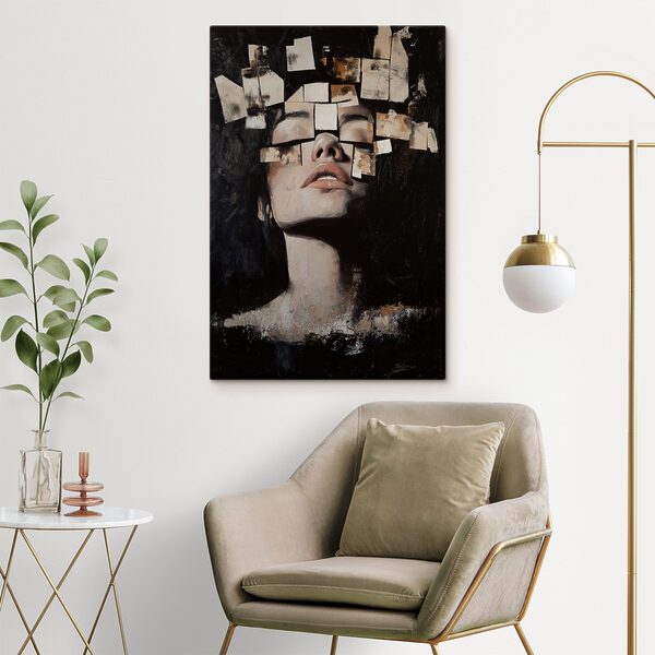 Woman with many square pieces of paper over her face Woman with many square pieces of paper over her face