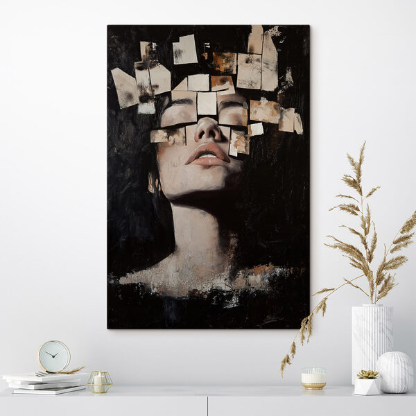 Woman with many square pieces of paper over her face Woman with many square pieces of paper over her face