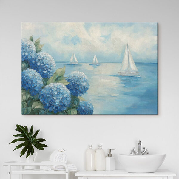 Painting of flowers and sailboats in the water Painting of flowers and sailboats in the water