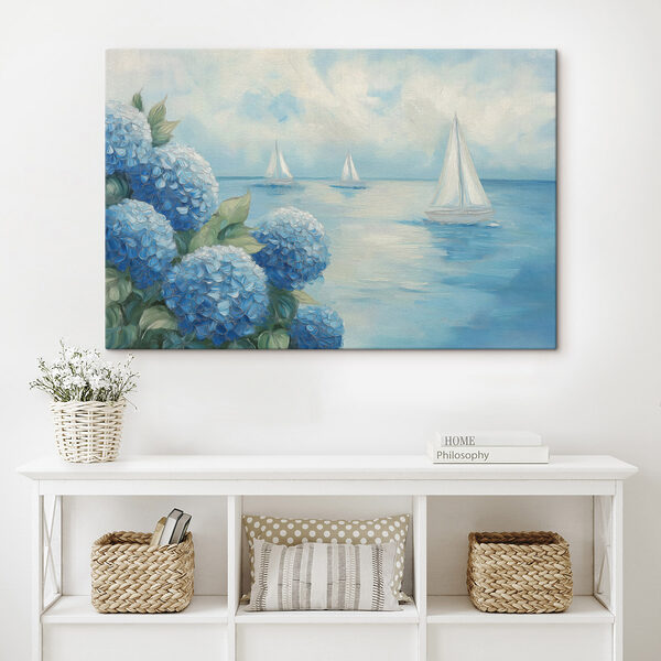 Painting of flowers and sailboats in the water Painting of flowers and sailboats in the water
