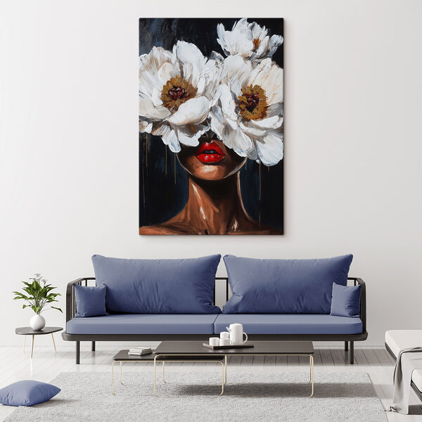 Painting of a woman with flowers over her face Painting of a woman with flowers over her face