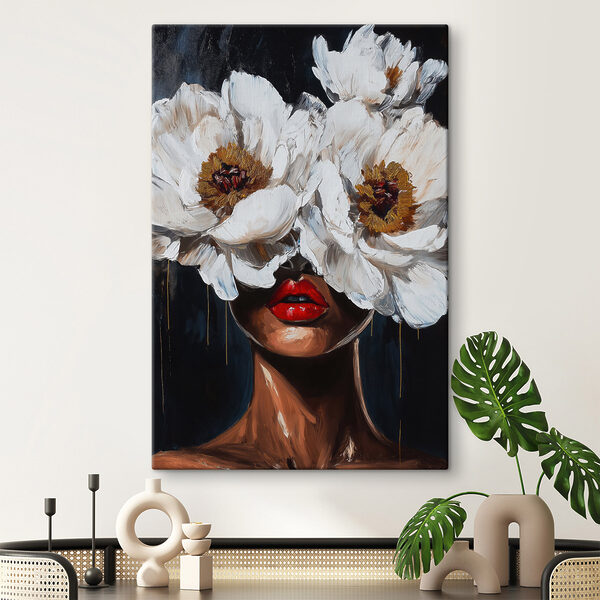 Painting of a woman with flowers over her face Painting of a woman with flowers over her face