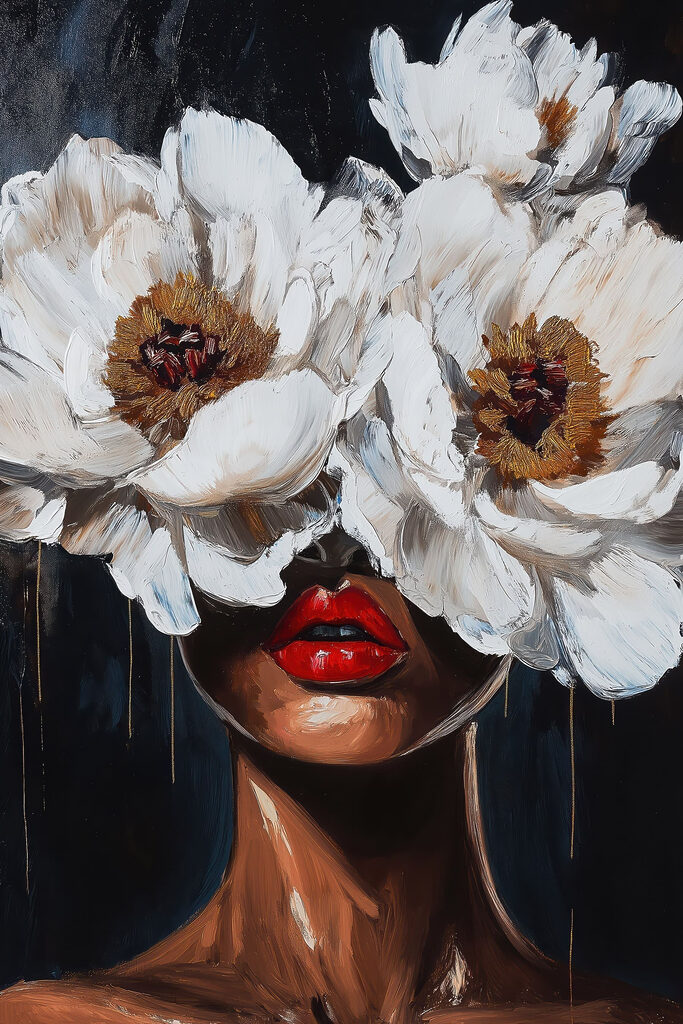 Painting of a woman with flowers over her face Painting of a woman with flowers over her face