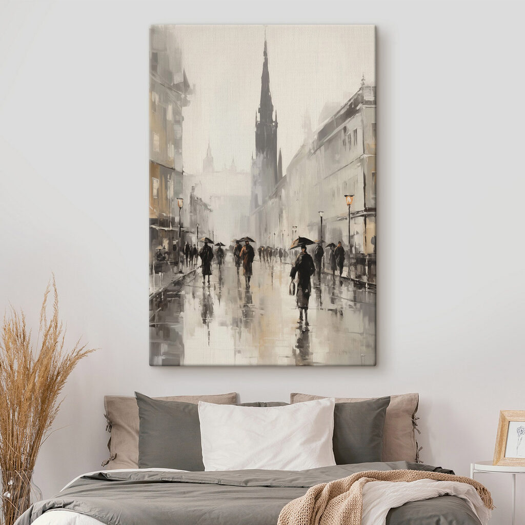 Painting of people walking on a street with umbrellas Painting of people walking on a street with umbrellas