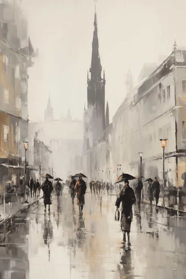 Painting of people walking on a street with umbrellas Painting of people walking on a street with umbrellas