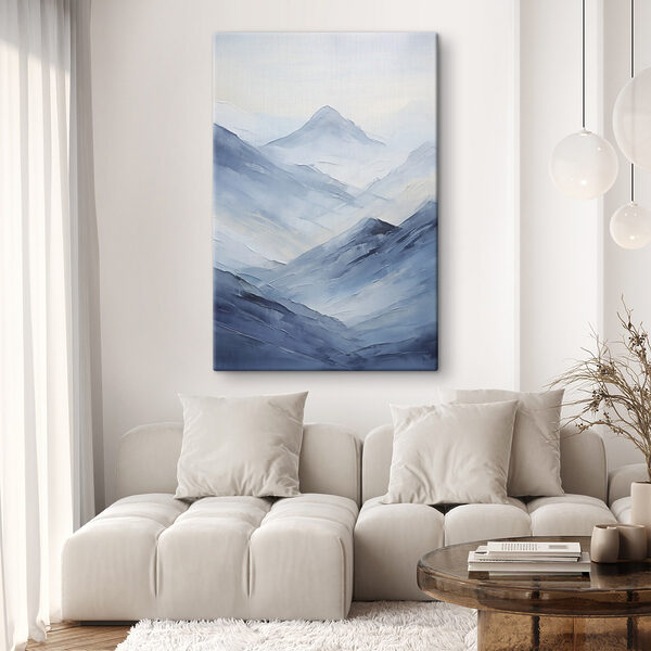Painting of mountains in fog Painting of mountains in fog