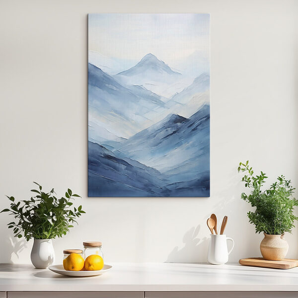 Painting of mountains in fog Painting of mountains in fog