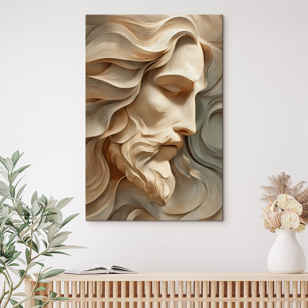 Wood carving of a man's face