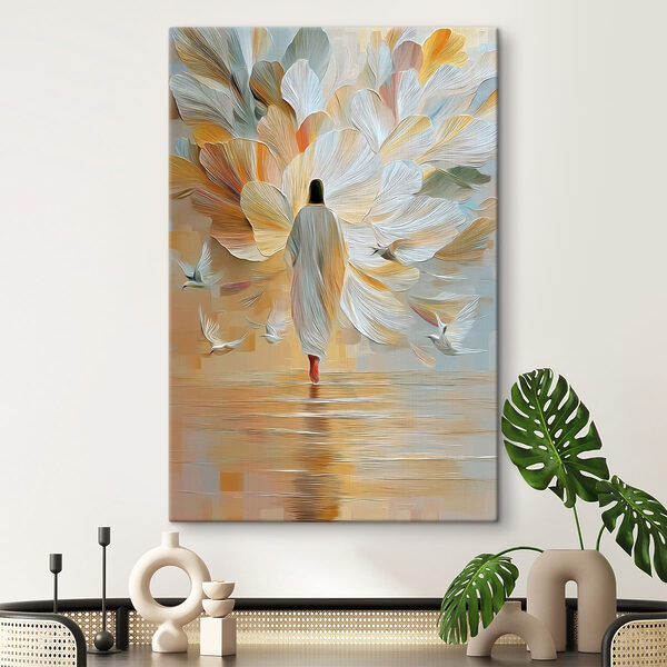 Person walking in the water with birds flying around Person walking in the water with birds flying around