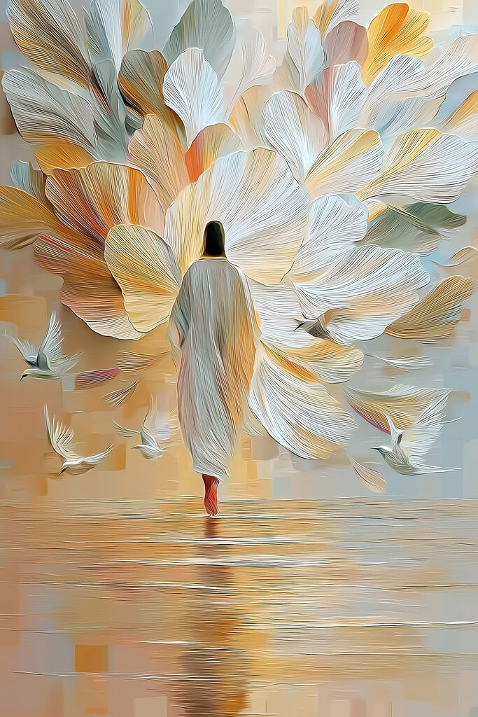 Person walking in the water with birds flying around Person walking in the water with birds flying around