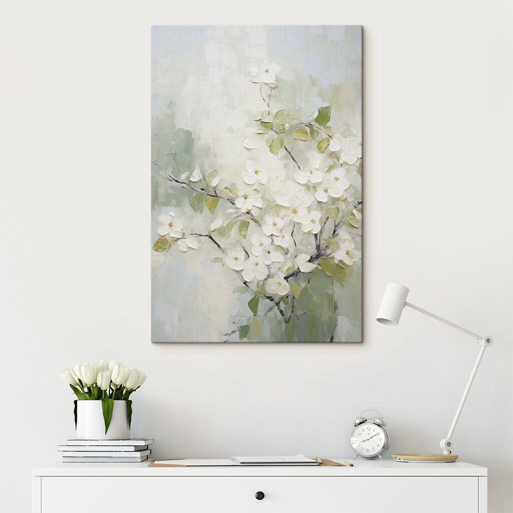 Painting of white flowers on a branch