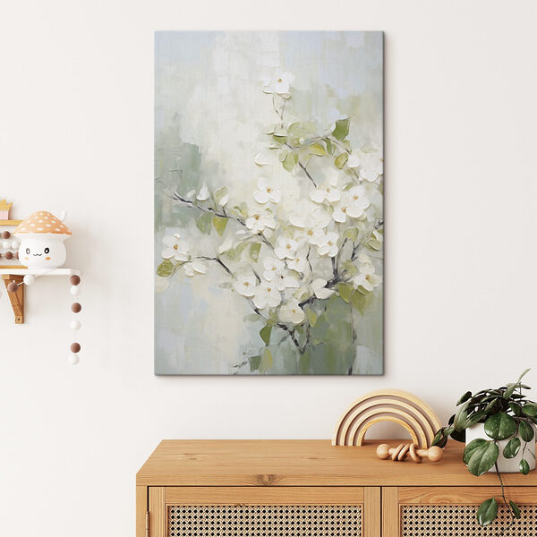 Painting of white flowers on a branch