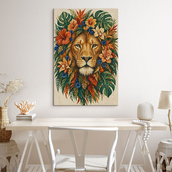 Painting of a lion with flowers Painting of a lion with flowers