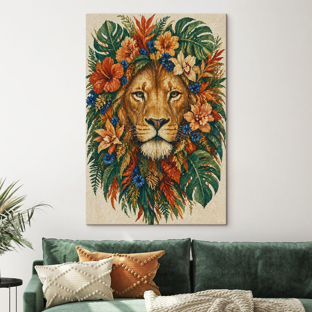 Painting of a lion with flowers Painting of a lion with flowers