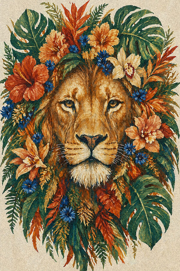 Painting of a lion with flowers Painting of a lion with flowers