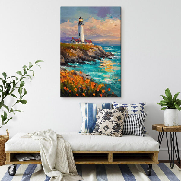 Painting of a lighthouse on a cliff by the ocean Painting of a lighthouse on a cliff by the ocean