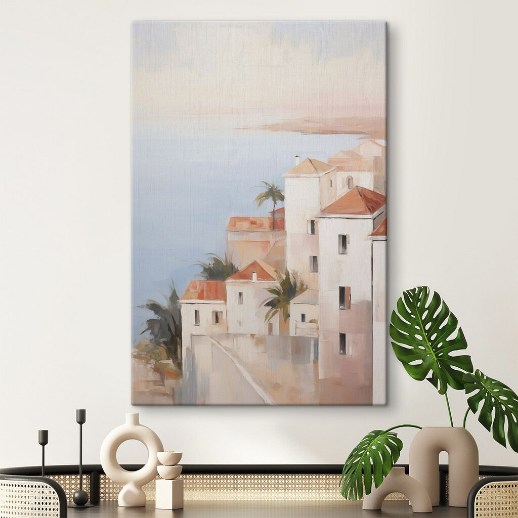 Painting of a group of buildings with palm trees Painting of a group of buildings with palm trees