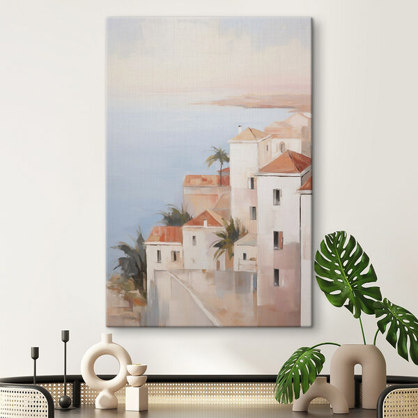 Painting of a group of buildings with palm trees Painting of a group of buildings with palm trees