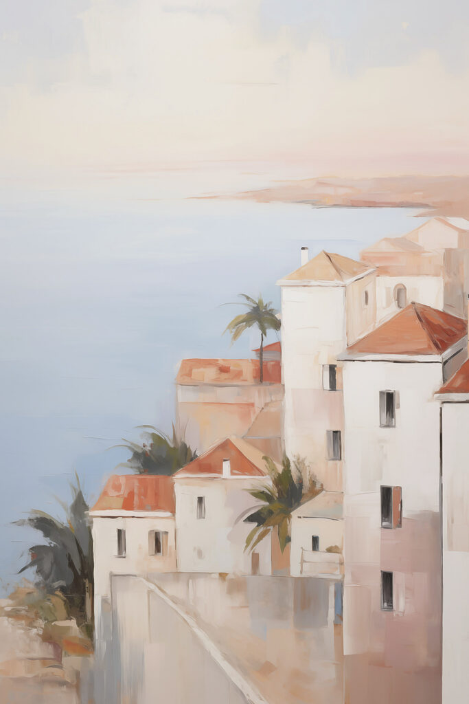 Painting of a group of buildings with palm trees Painting of a group of buildings with palm trees