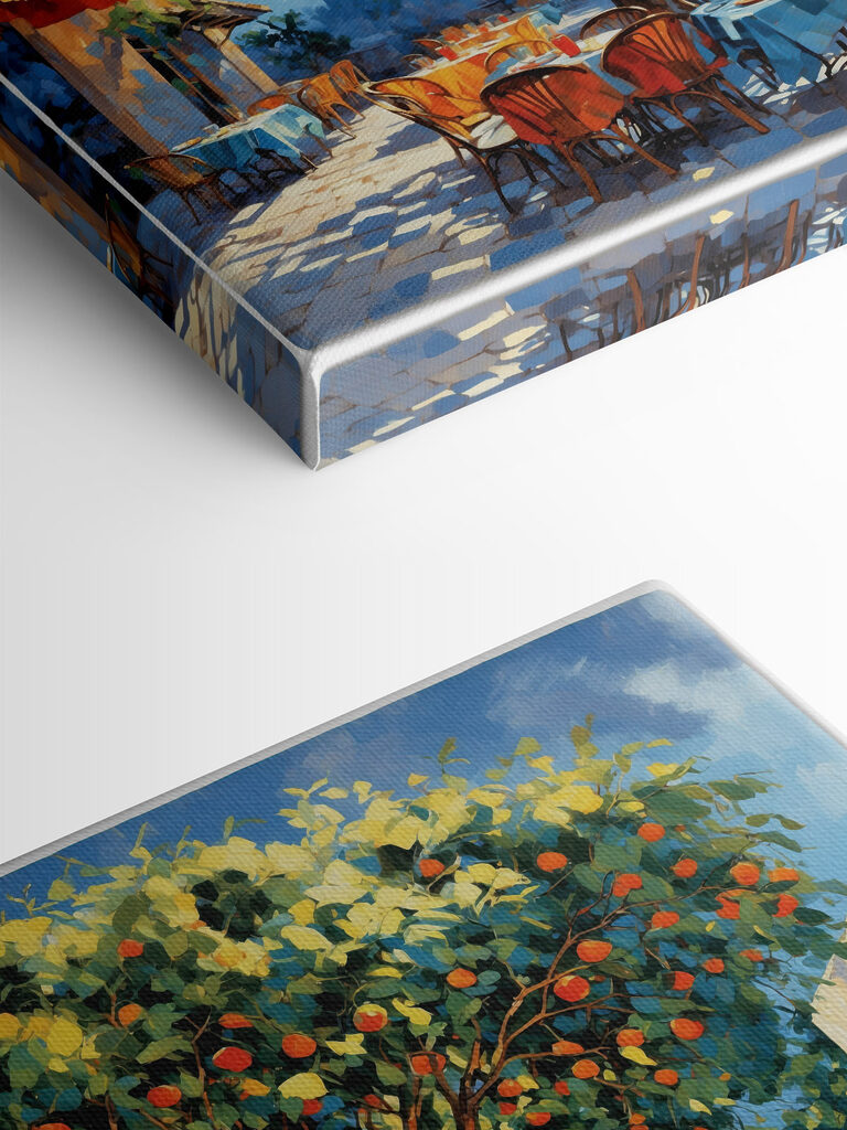 Painting of an orange tree with tables and chairs under an orange tree Painting of an orange tree with tables and chairs under an orange tree